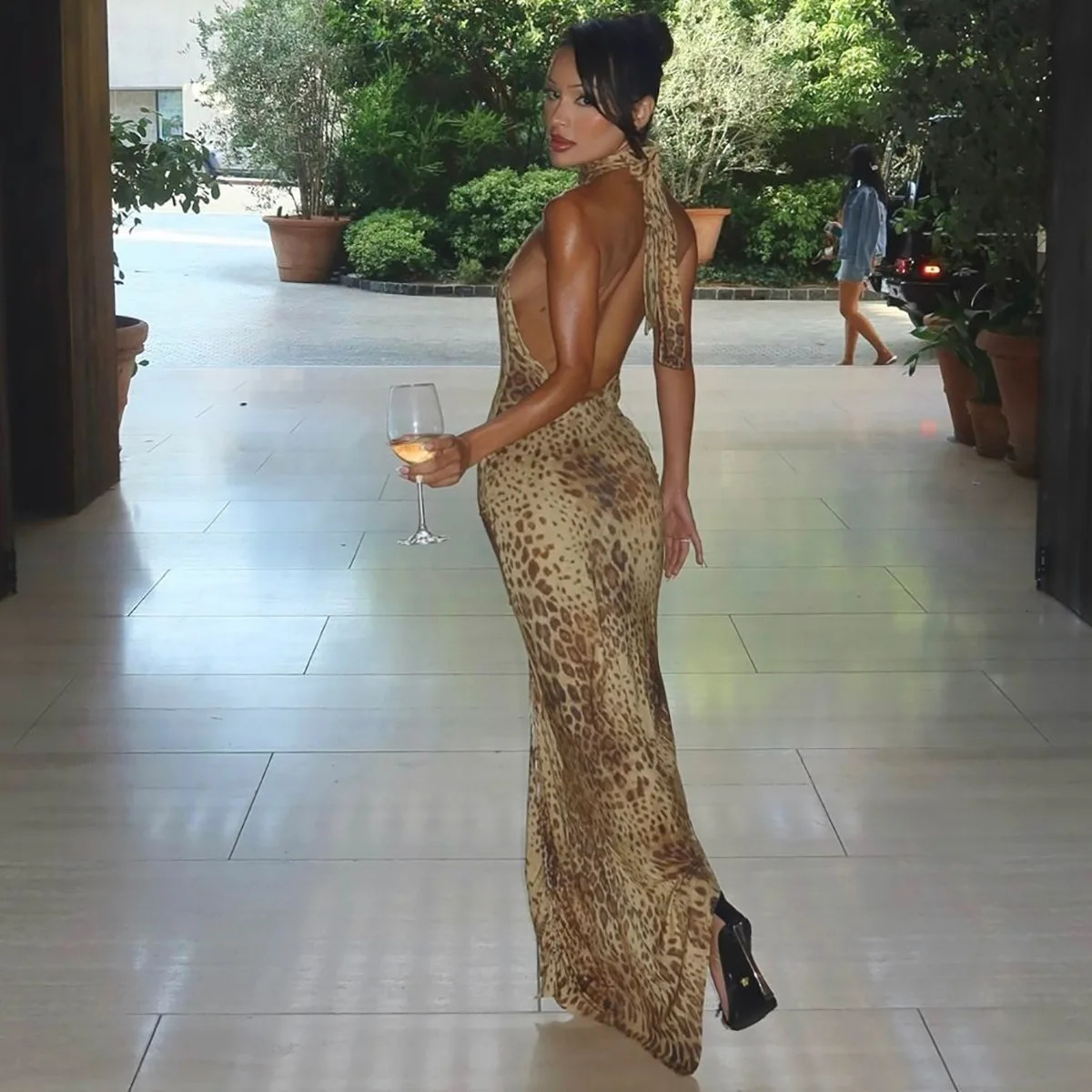 Cryptographic Fashion Halter Leopard Sexy Backless Maxi Dress Women Club Outfits Bandage Embellished Long Dresses Robe Clothes 260306