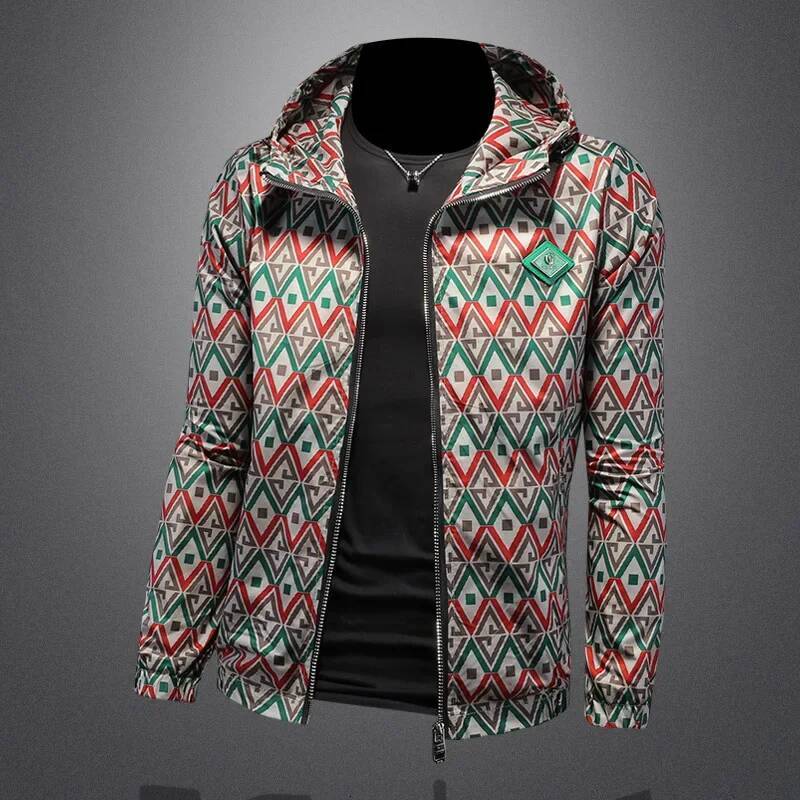 Minglu Allover Printed Hooded Men's Jackets Luxury Spring Autumn Sports Casual Zipper Male Coats Man Outerwear Plus Size 5XL