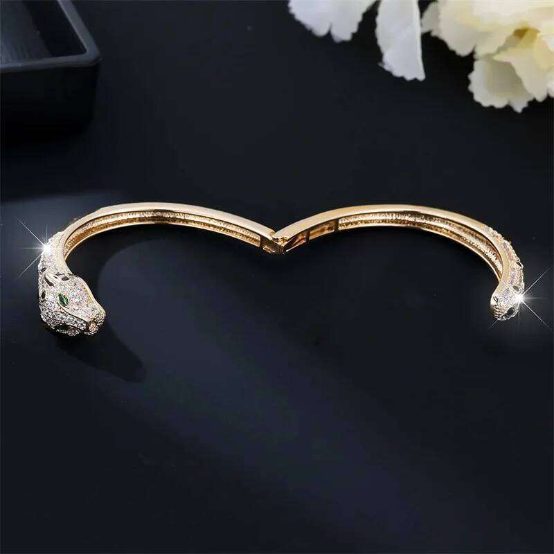 Fashion Design Zinc Alloy Leopard Head Barcelet Pave Rhinestone Crystal Panther Cuff Bangle For Women Party Hand Jewelry Z260306