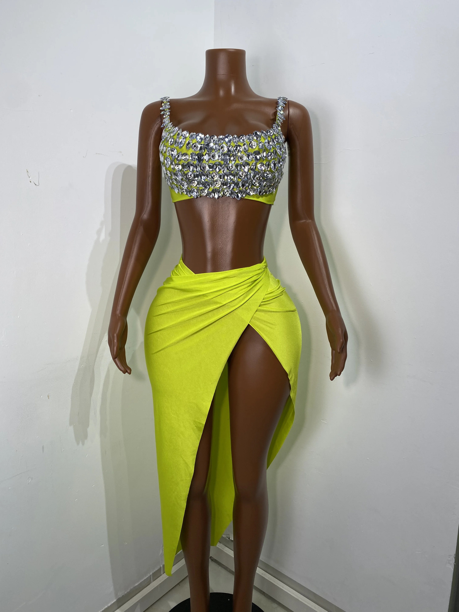 Women Tank Diamonds Crystal Green Blue Midi Split Skirt Set Birthday Party Costume Bar Nightclub Stage Performance Clothing 260306