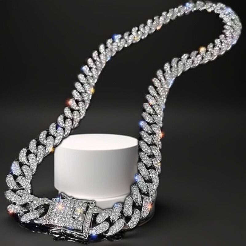 European American alloy men's Cuban chain, fully studded with diamonds, quality, 12mm, hip-hop style, cross-border wholesale, cool and high quali