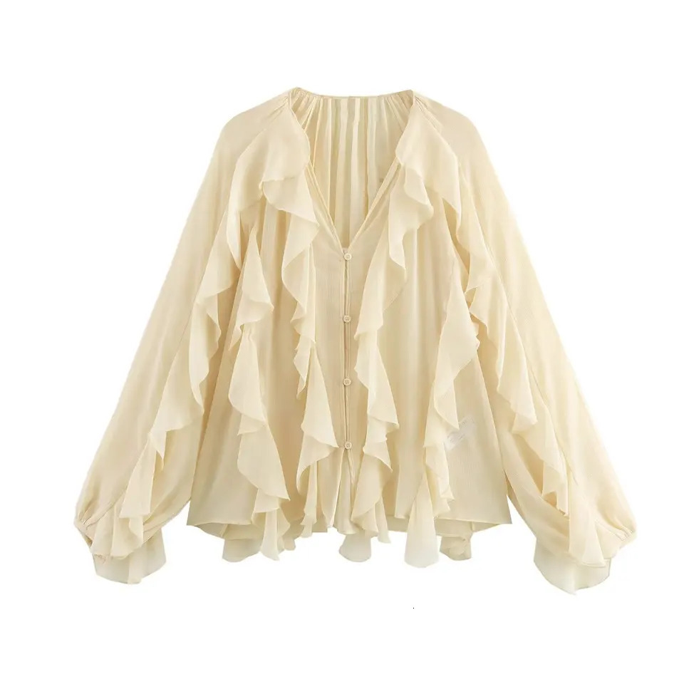 Women Casual Ruffled Shirt Women Loose Lace Up Hollow Out V Neck Tops Spring Blouses Women Clothes 4786063 260306