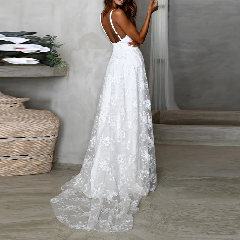 Elegant Ladies Backless High Split Party Dress Sexy Sling V Neck Jacquard Mesh Long Fashion White Wedding 260306