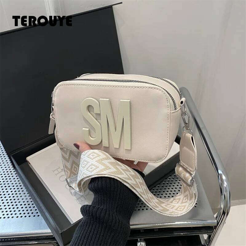 Stylish Versatile Women Single SM Letter Pu Leather Small Square Bag Leisure Wide Shoulder Strap Cross Body Bags TEROUYE