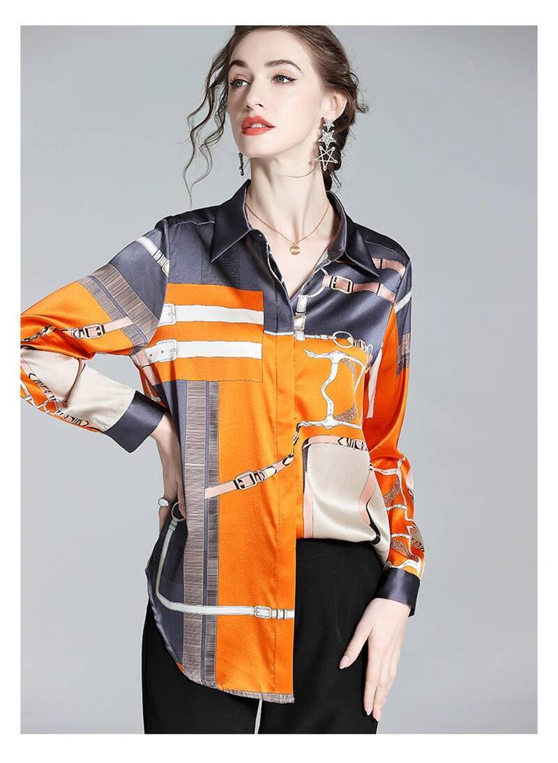 ZAROY S-3XL Imitation Silk Slim Shirts Women Orange Grey Print Fashion Blouses Lady Top Luxury Brand Design Shirt camisas