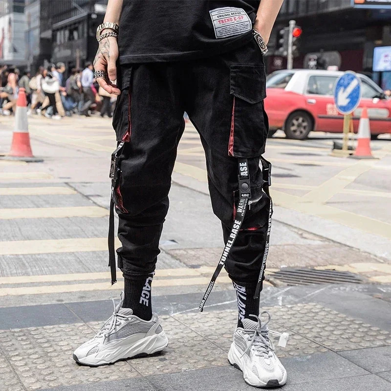 Joggers Cargo Pants for Men Casual Hip Hop Hit Color Pocket Male Trousers Sweatpants Streetwear Ribbons Techwear Pants 260305