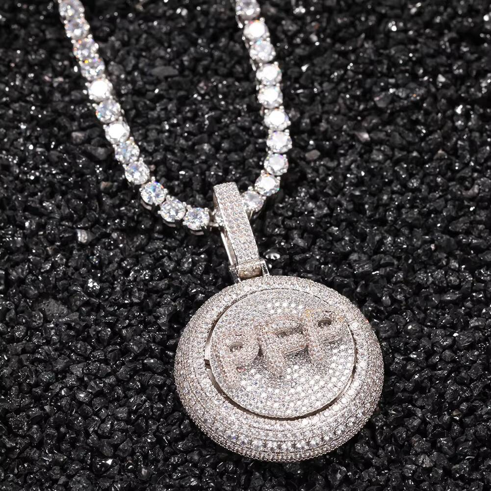 2026 Popular Custom Spin Letter Names Necklace Zirconia Name Plate Round Pendant Rapper Chain
