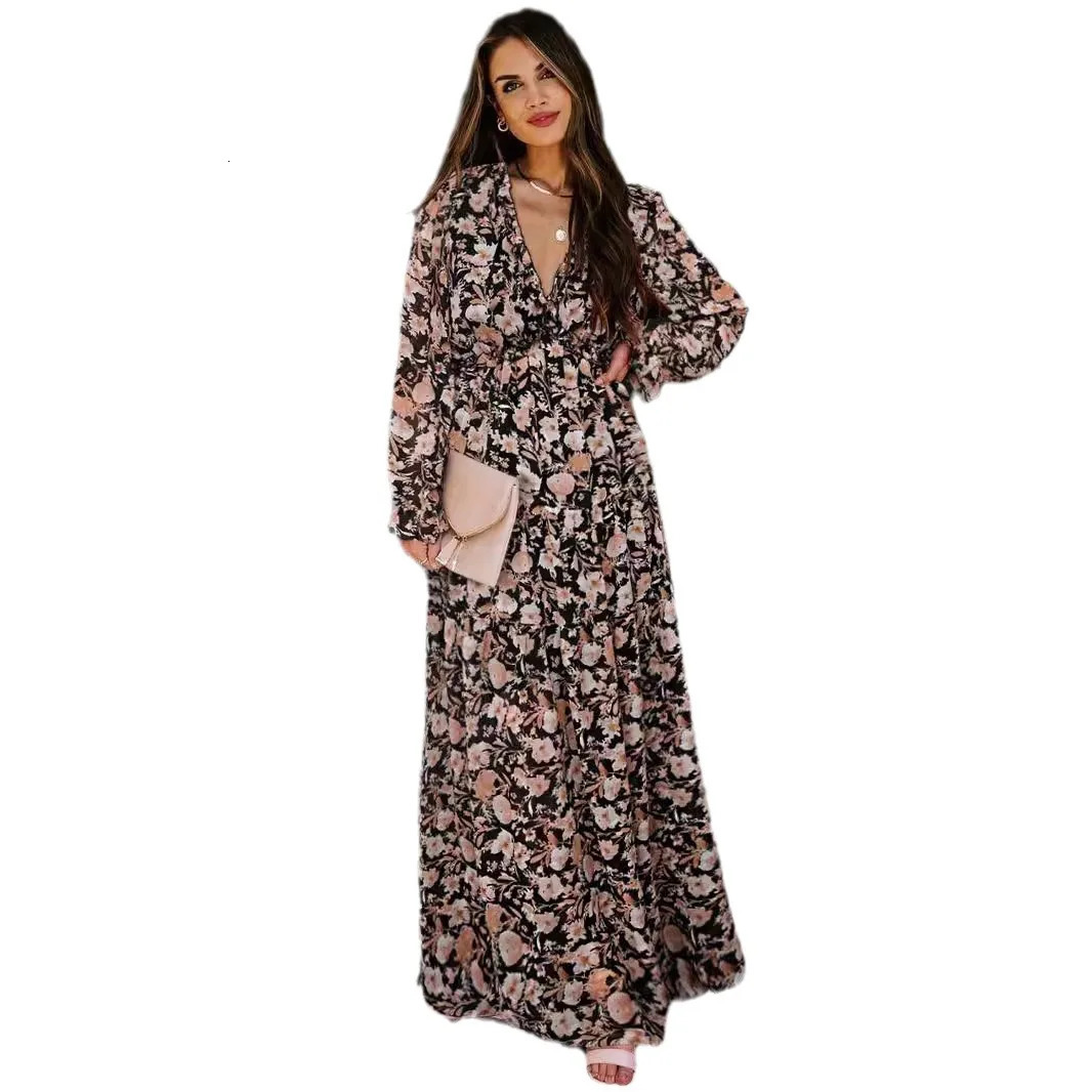 Elegant Floral Print Women Dress Spring Summer Casual Ruffle Layered Long Sleeved Chiffon A Line Maxi Party Vestidos 260306