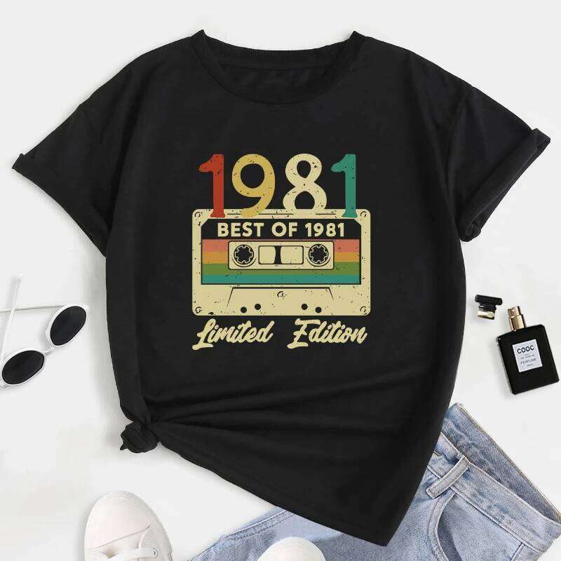 Size 'Best of 1981 Limited edition' Print Short Sleeve T-shirt Women's Plus Slight Stretch Round Neck Casual Tee XJ260306