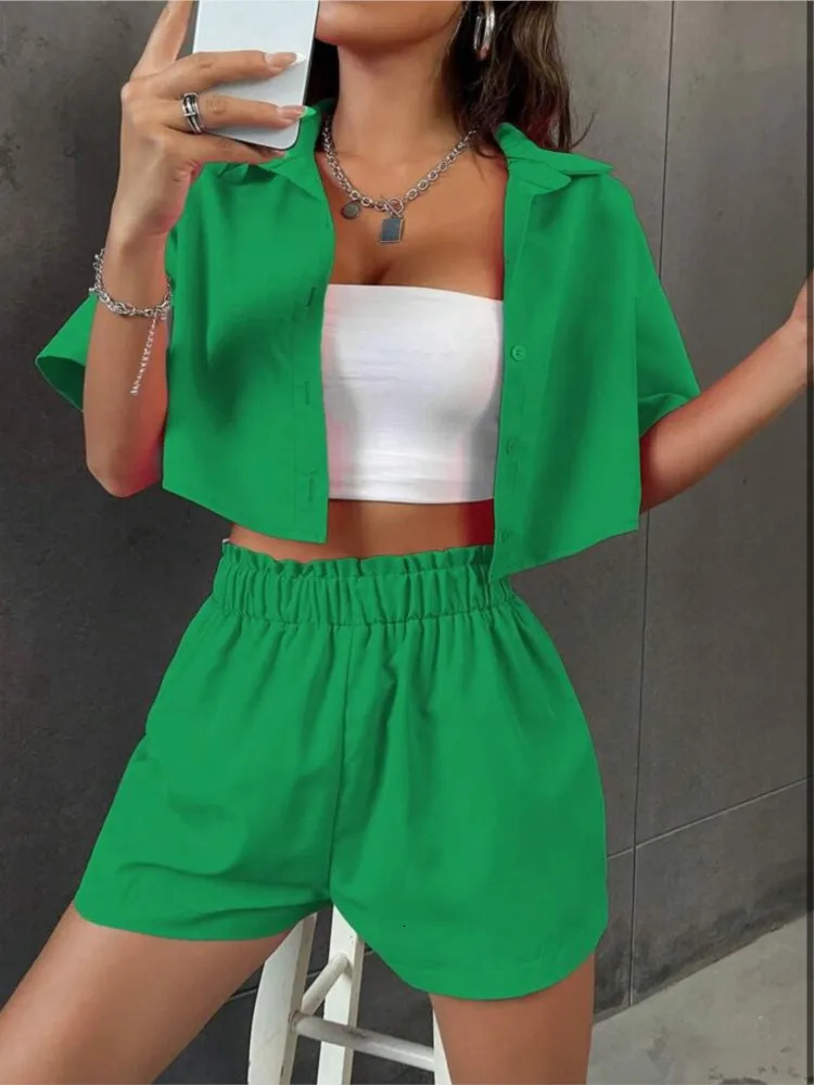 Summer Twopiece Sets For Women Cotton Short Sleeve Button Shirt Shorts Casual Sweet Style Suits Solid Color 2 Piece Set 260306