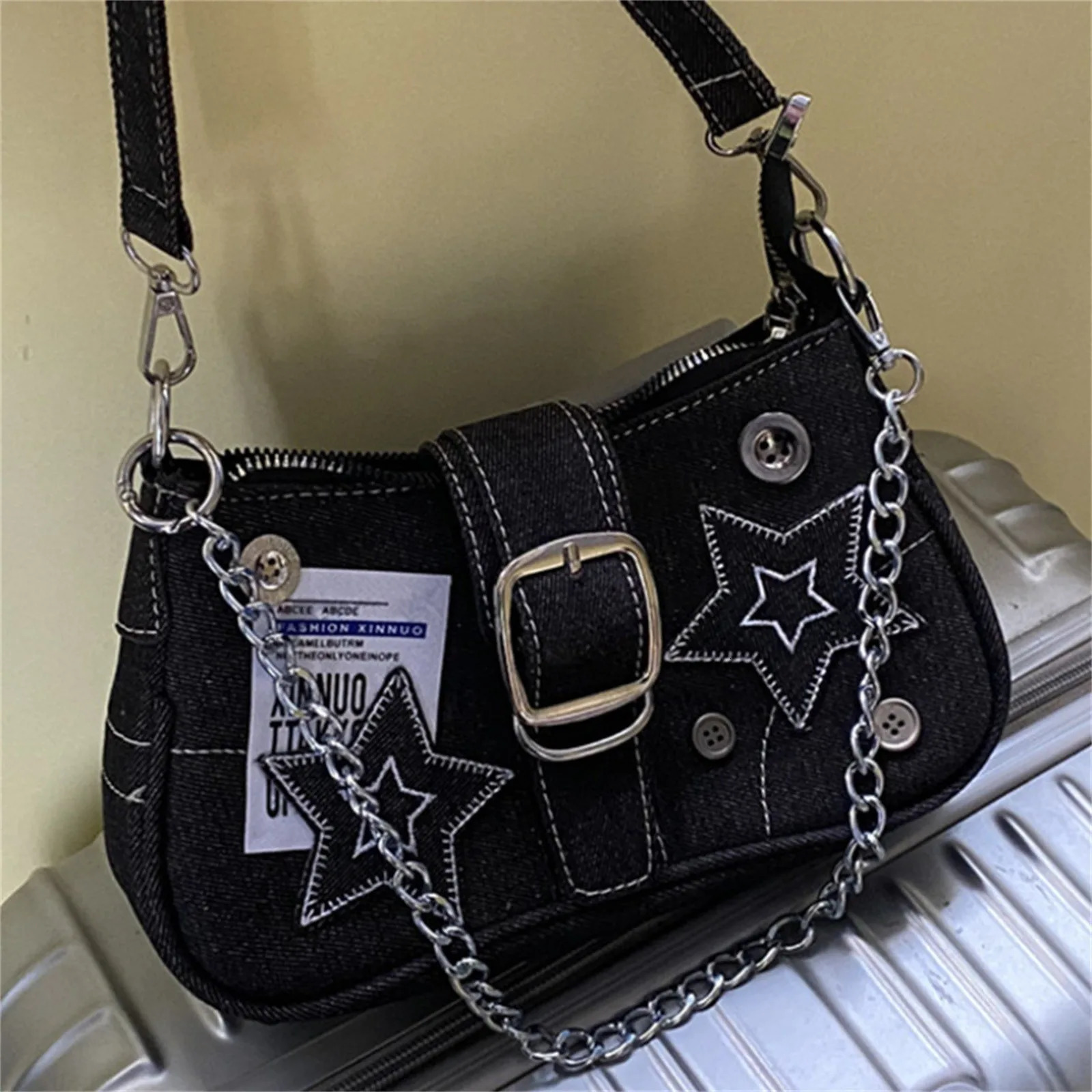 Y2k Fashion WomenS Handbags Stars Pattern Cool Girls Underarm Bag Fashion Canvas Female Small Shoulder Bags Chain Tote Purses 260303