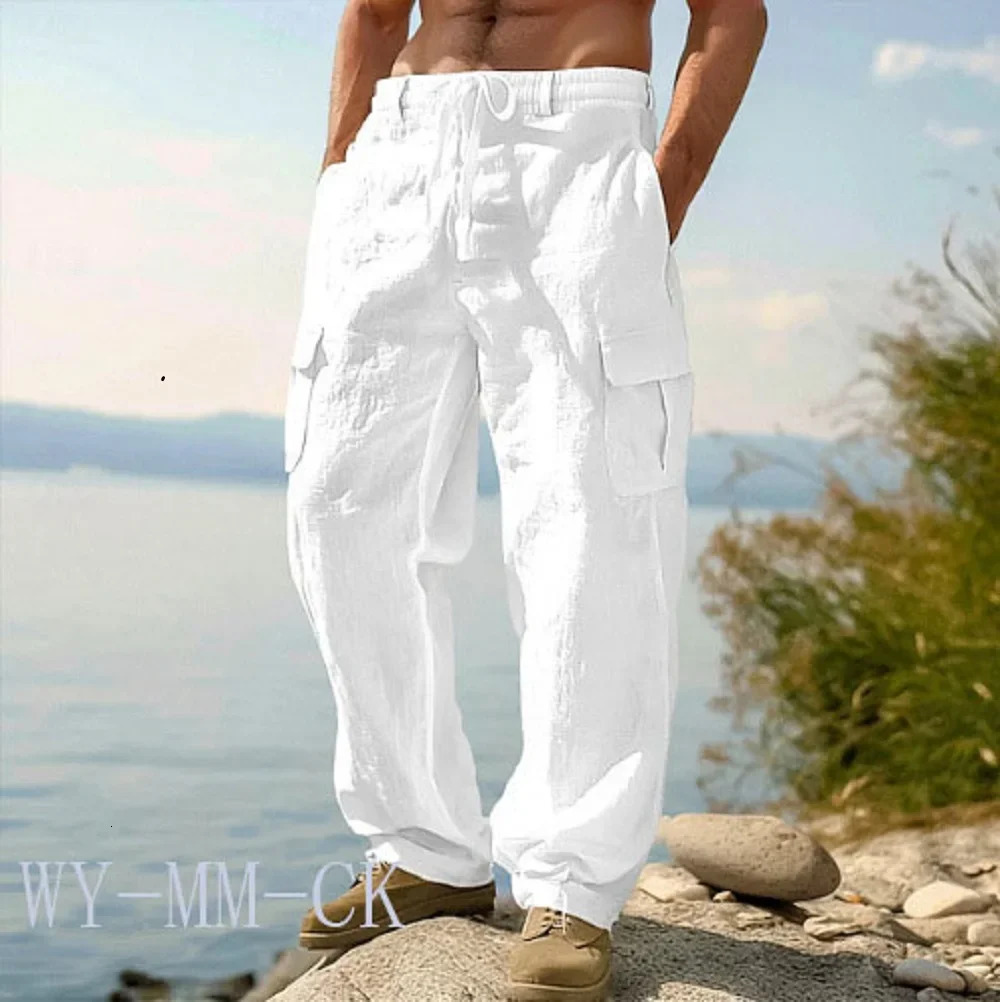 2026 European And American Mens Cotton And Linen Trousers Multi-pocket Work Pants Loose Straight Sportswear And Casual Trousers 260305