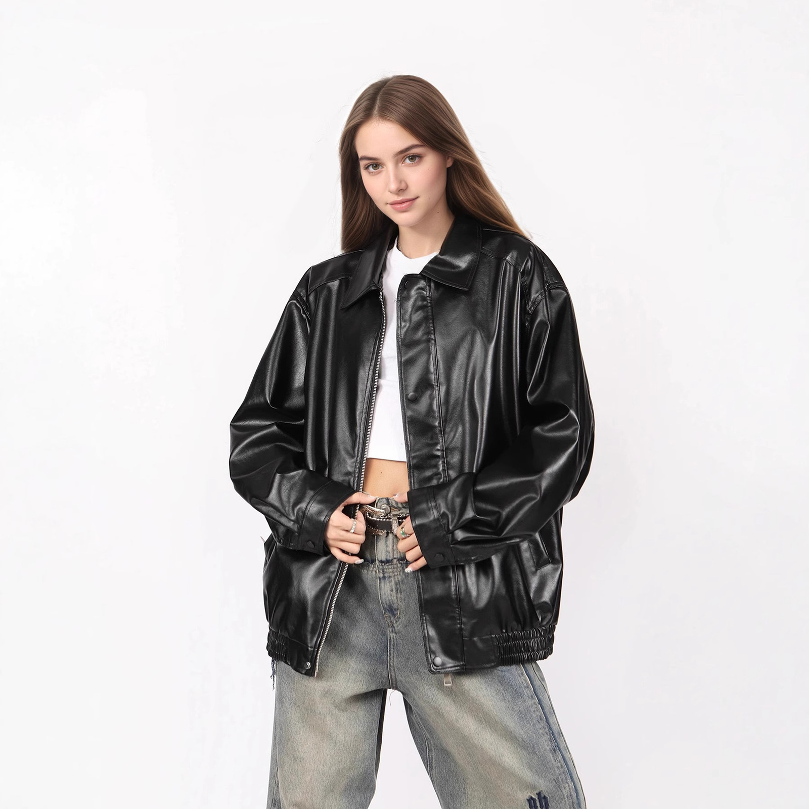 Women Retro Burgundy Leather Short Jacket Fashion Big Lapel Full Sleeves Pocket Loose Coats Lady Autumn Chic High Street Outwear 241105