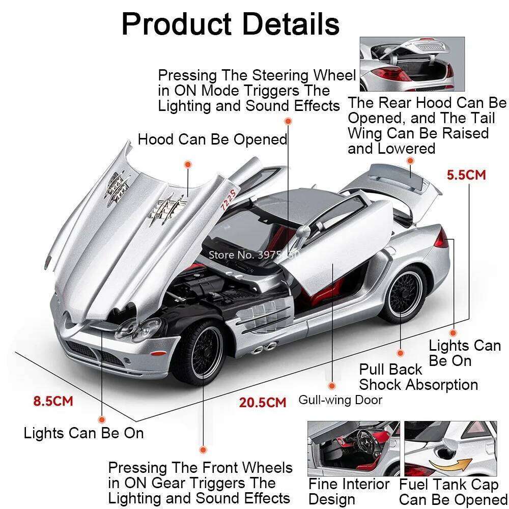 1:24 SLR 722S P1 Alloy Cars Models Diecast Toys Wheel Steering Miniature Car with Light Sound Vehicles for Child Adult Gifts Z260307