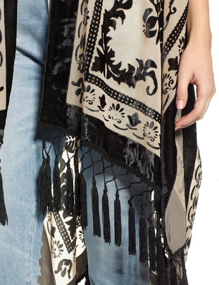 MJSERECA Bohemian Fashion women burnt plush kimono long cardigan with tassel beach coverup Holiday Casual Cardigan Shawl 260228