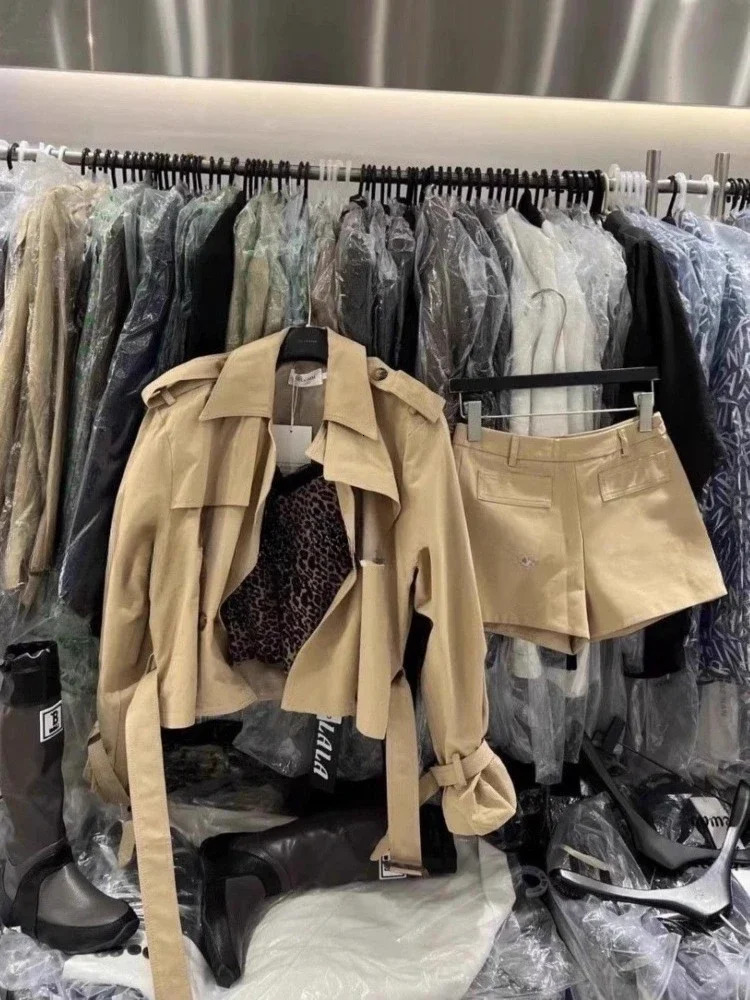Y2k Long Sleeve Trench Coat Women Vintage High Waist Shorts Autumn Two Piece Sets Crop Tops Casual Streetwear 260306