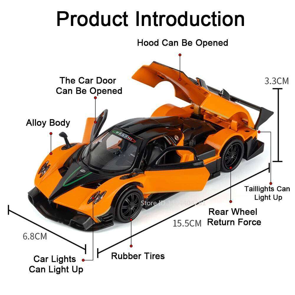 1:32 Pagani Huayra BC Zonda R Miniature Sports Car Alloy Diecast Model Toys Sound Light Pull Back Doors Opened Vehice Boys Gifts Z260306