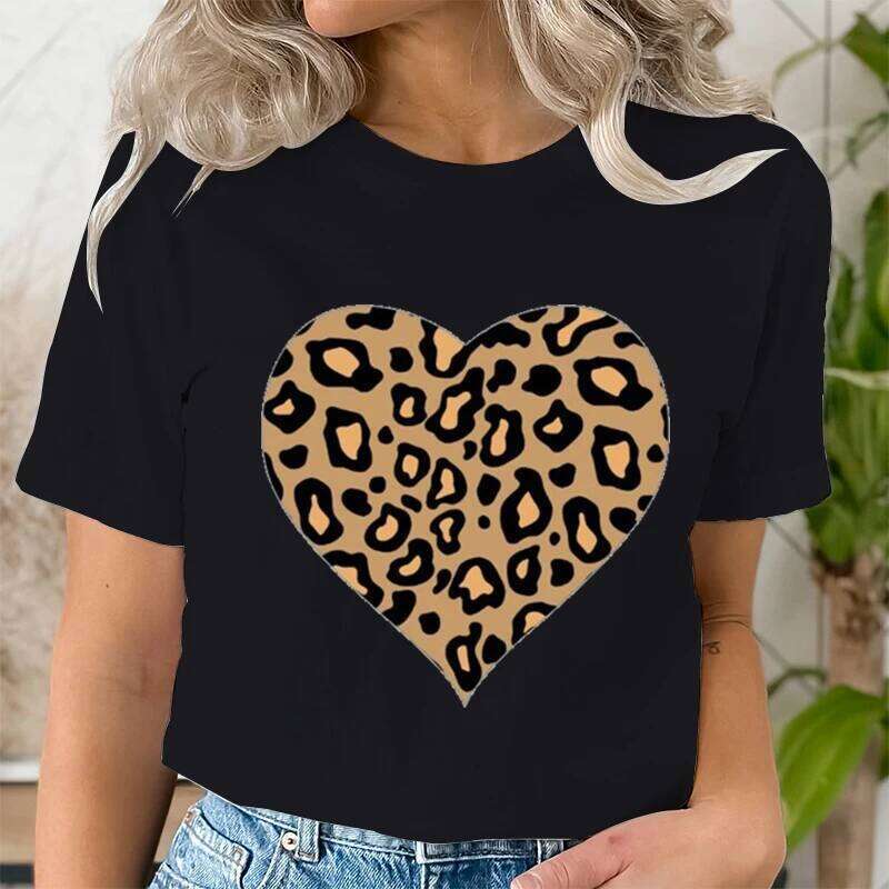 Vintage Leopard Print Heart Pattern Women Shirts Casual Fashion Love Graphics Korean Ulzzang Short Sleeve T Shirt Femme XJ260306