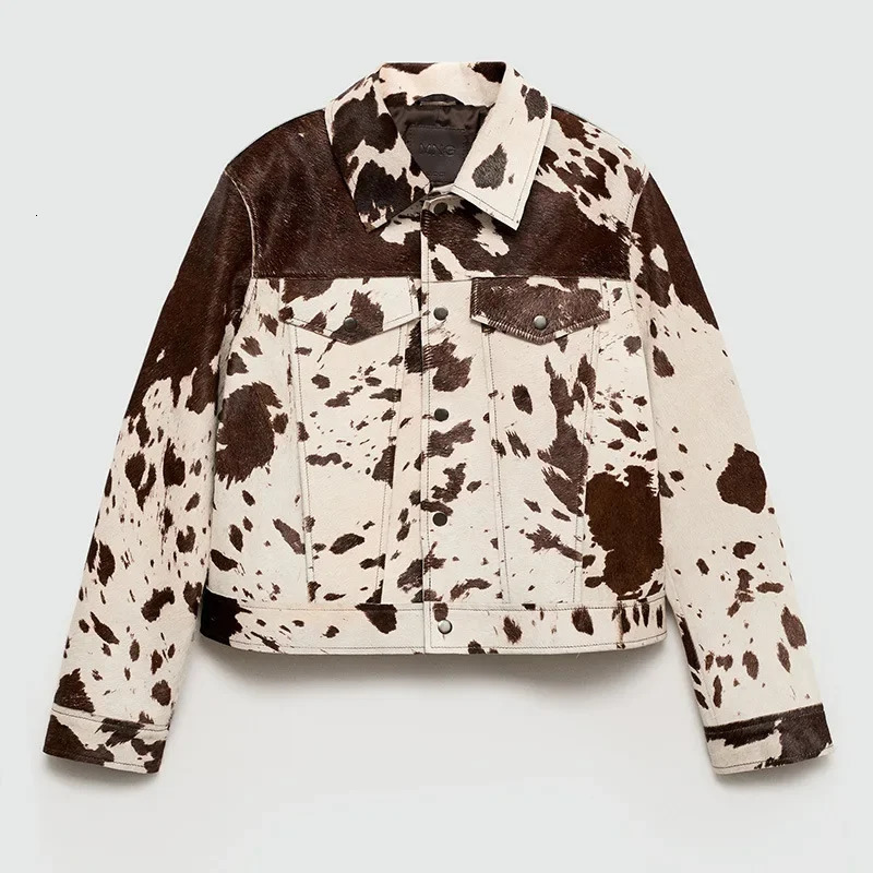 Chic Zipper Spotted Print Short Jacket Women Lapel Button Casual Slim Denim Coats Autumn Lady High Street Outerwear 260303