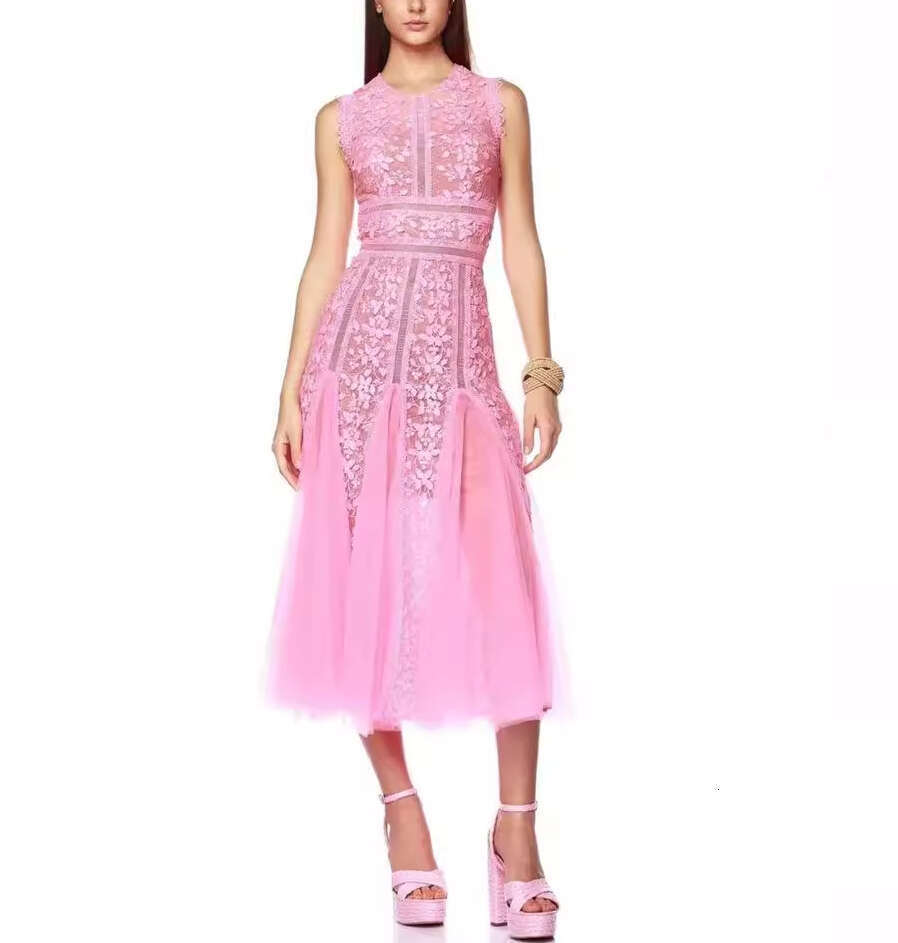 2026 Spring/Summer New Designer Fashion Mesh Embroidered Sleeveless Waist Elegant Medium length Skirt