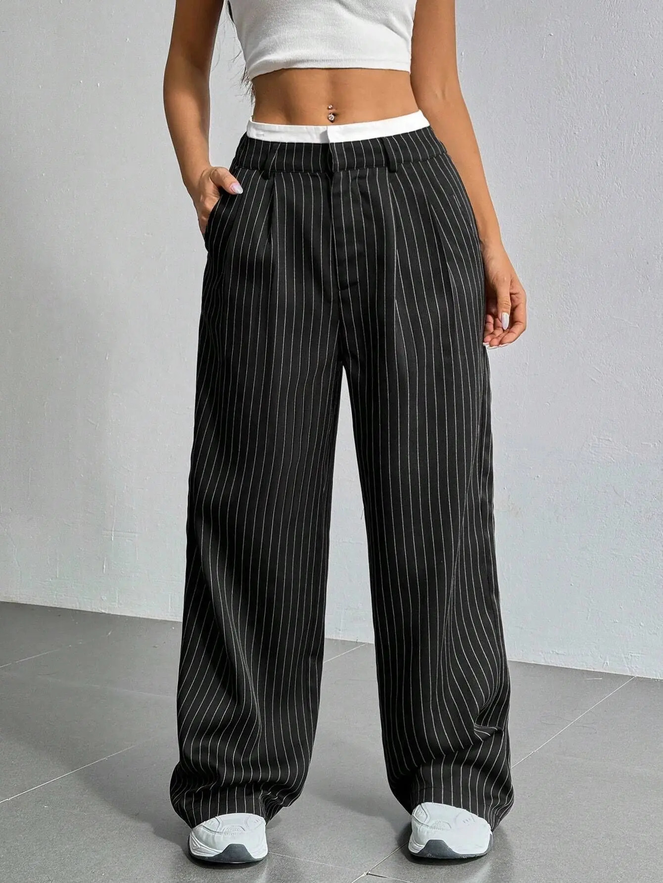 Womens Straight Leg Pinstripe Trousers High Waist Office Business Pants Casual Striped Dressy With Pockets 260306