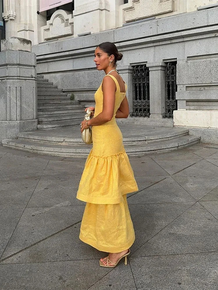 y Sparkling Ruffled Layerd Yellow Long Dress Chic Backless Bodycon Wedding Sling Robes Women Elegant Party Club Vestidos 260306