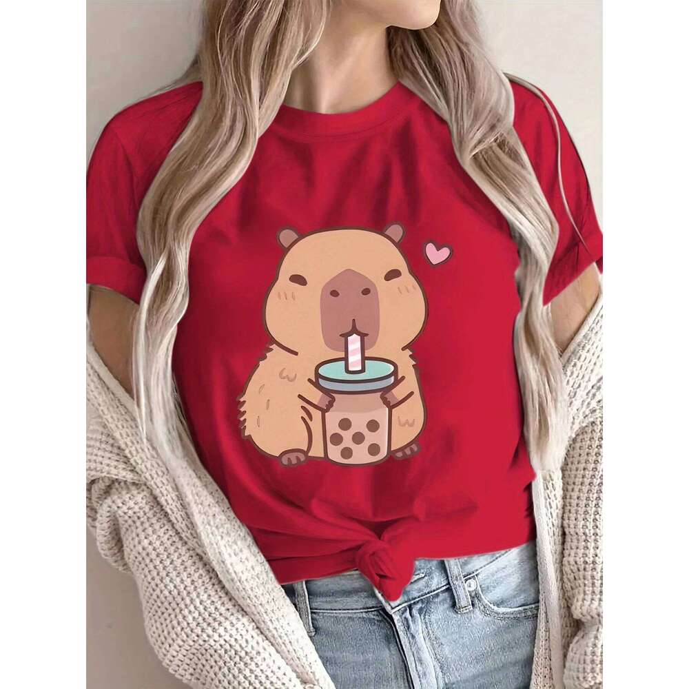 Women's Cute Boba Tee - Casual Short Sleeve Round Neck Polyester Knit Machine Washable Capybara T Shirt XJ260306 XJ260306