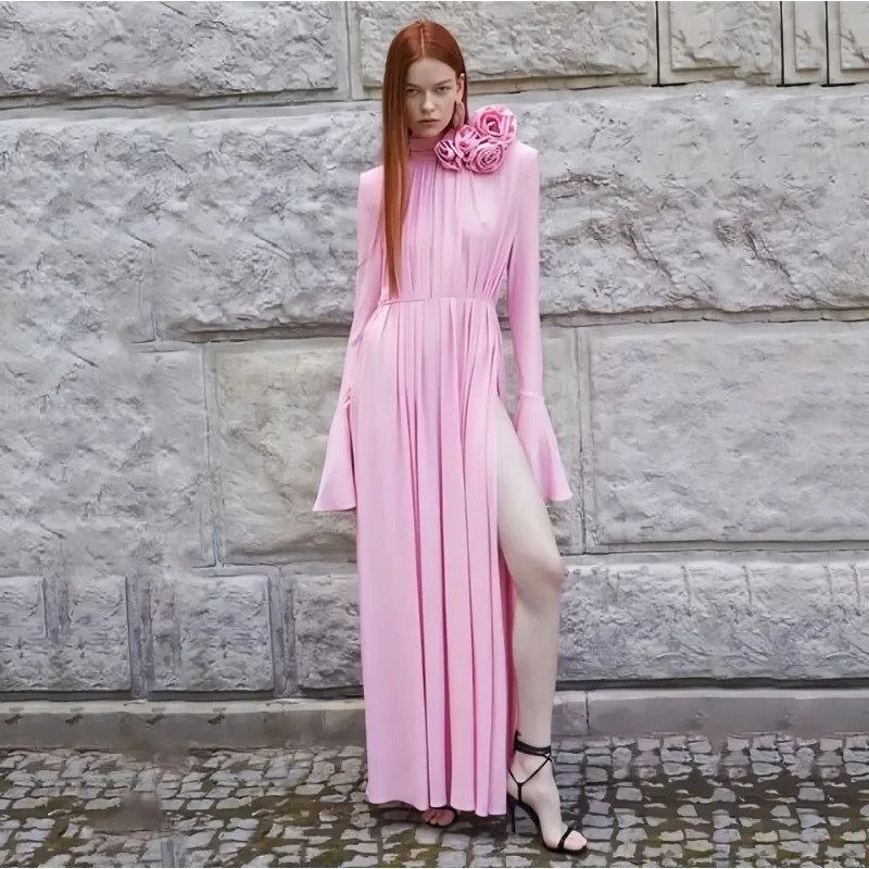 Elegant Y2K Fashion Long Flare Sleeve V Neck Floral Slit Party Evening Dress Robe Vintage Women Folds 260306