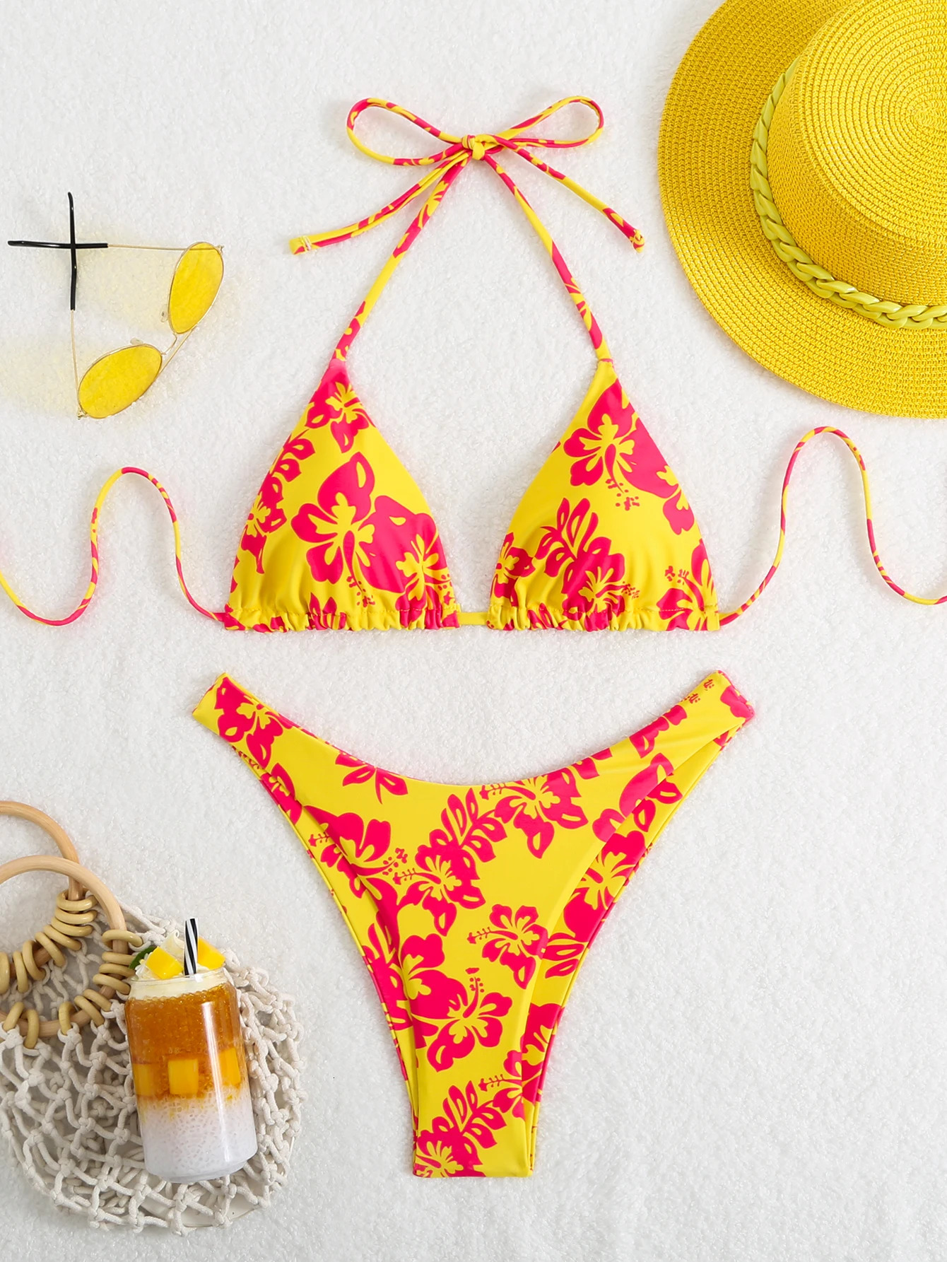 Summer retro floral print 2piece bikini lace up swimsuit sexy high waisted womens 260306