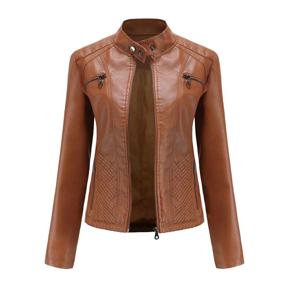 Spring Casual Women Leather Jacket Stand Collar Slim Fit Short PU Leather Coat Solid Classic Female Outerwear 260306