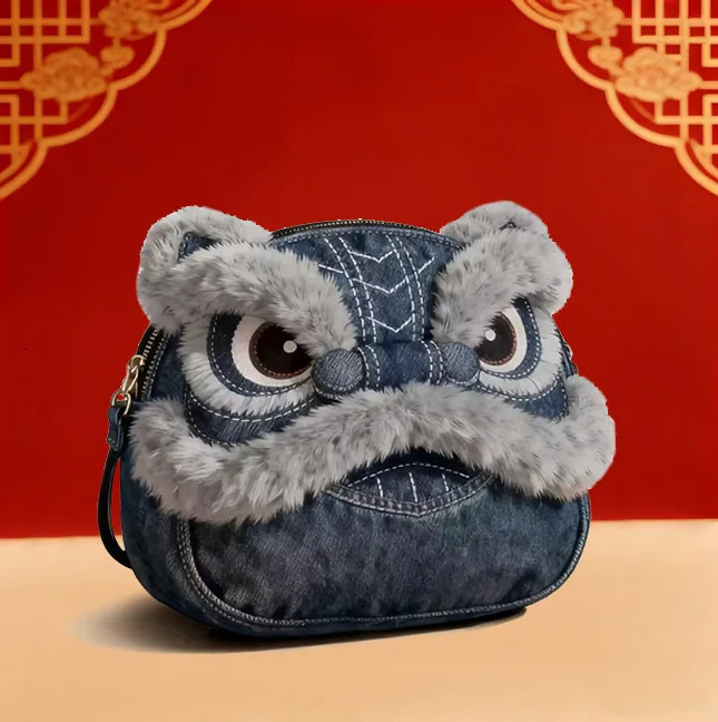 Creative Lion Dance One Shoulder Crossbody Bag Chinese Style Ethnic Denim Cartoon Gift Years 260307
