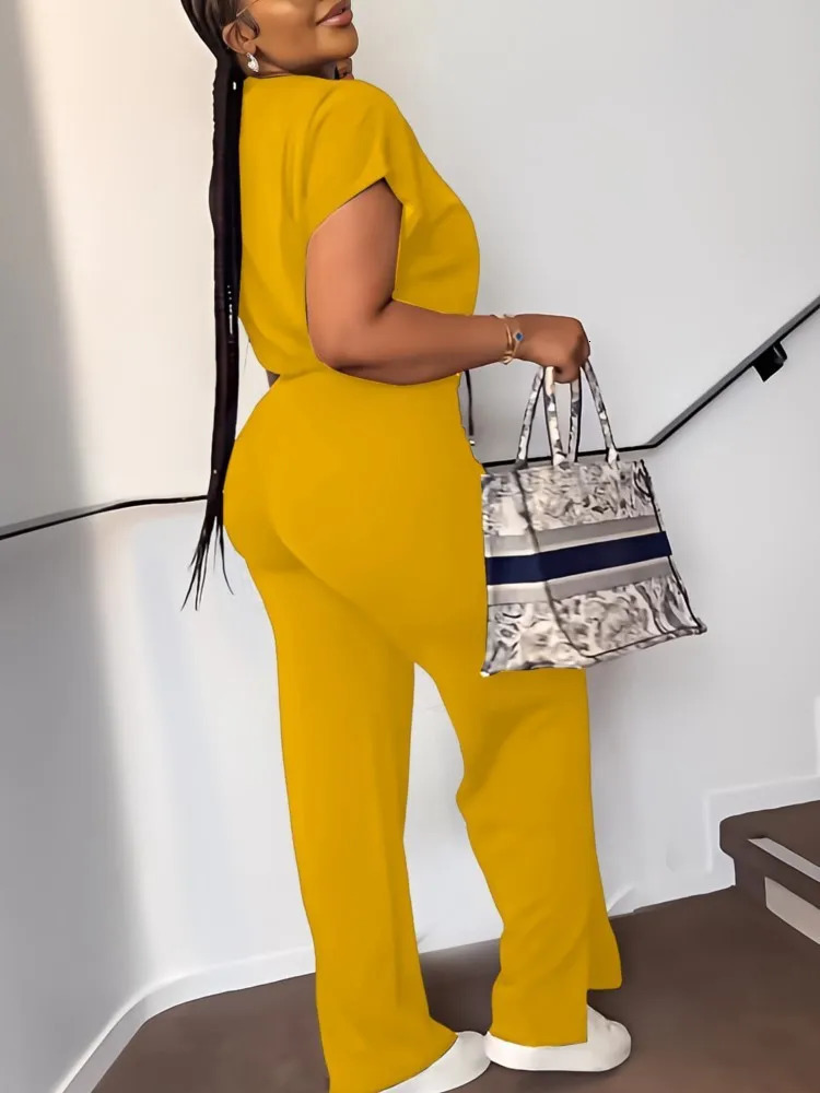 Women Casual Round Neck Drawstring Short Sleeve Top High Waist Pants Set Summer Solid Two Piece Suit Sets Outfits Female 260306