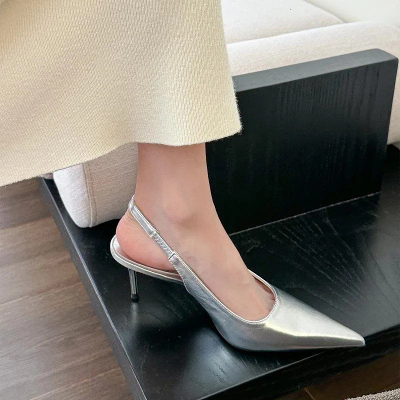 Elegant High Heels Silver Pumps Women Summer Slingbacks Pointed Toe Party Shoes Woman Solid Thin Heeled Sandals Ladies 260303