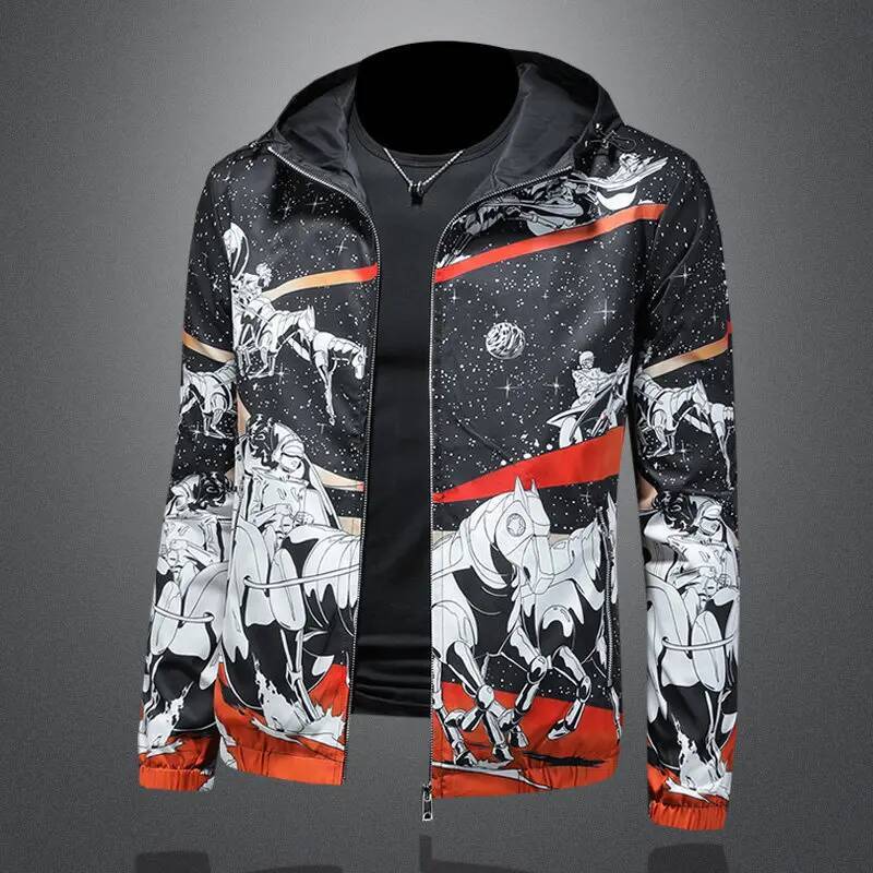 Minglu Allover Printed Hooded Casual Men's Jackets High Quality Spring Autumn Zipper Male Coats Plus Size 5XL Man Outerwear