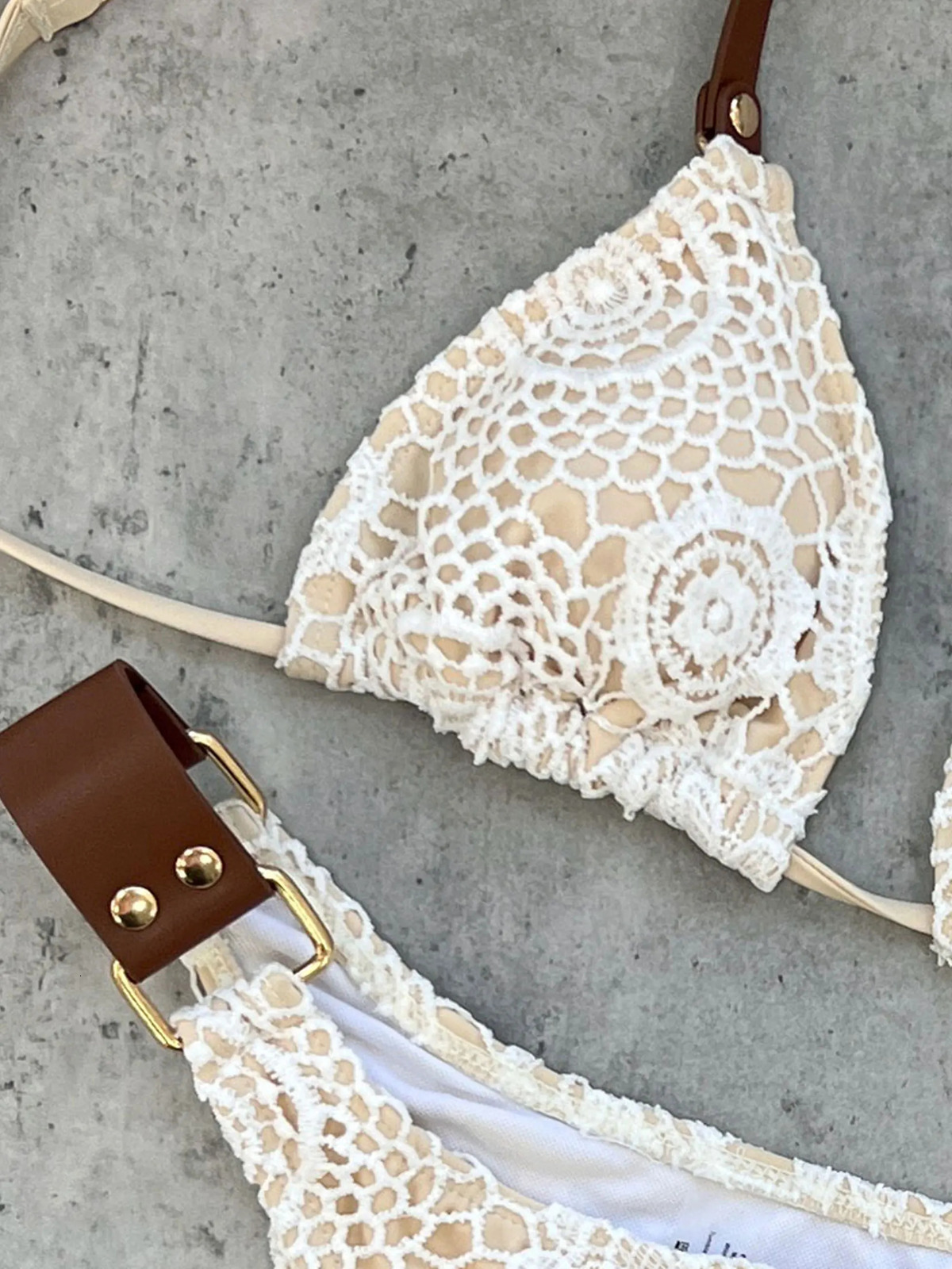 Boho Crochet Bikini Set Cream Knit with Leather Straps Metal Buckles Perfect for Beach Wear Pool Parties Summer Getaways 260306