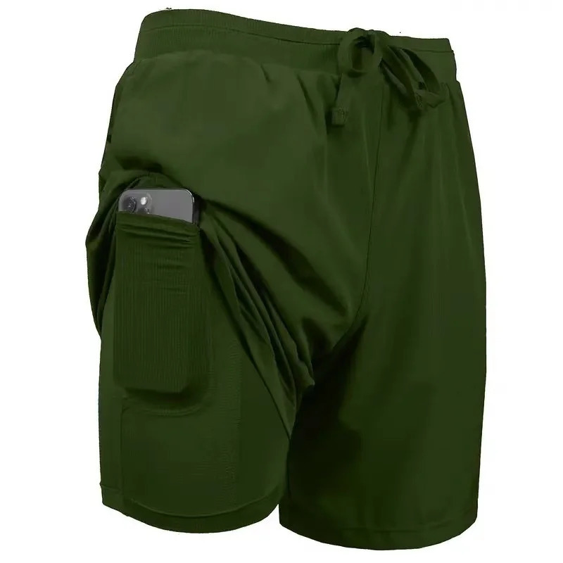Mens Builtin pocket Shorts Quickdrying Fitness Double Layer Men Breathable Workout Training casual Sports Short Pants 260306