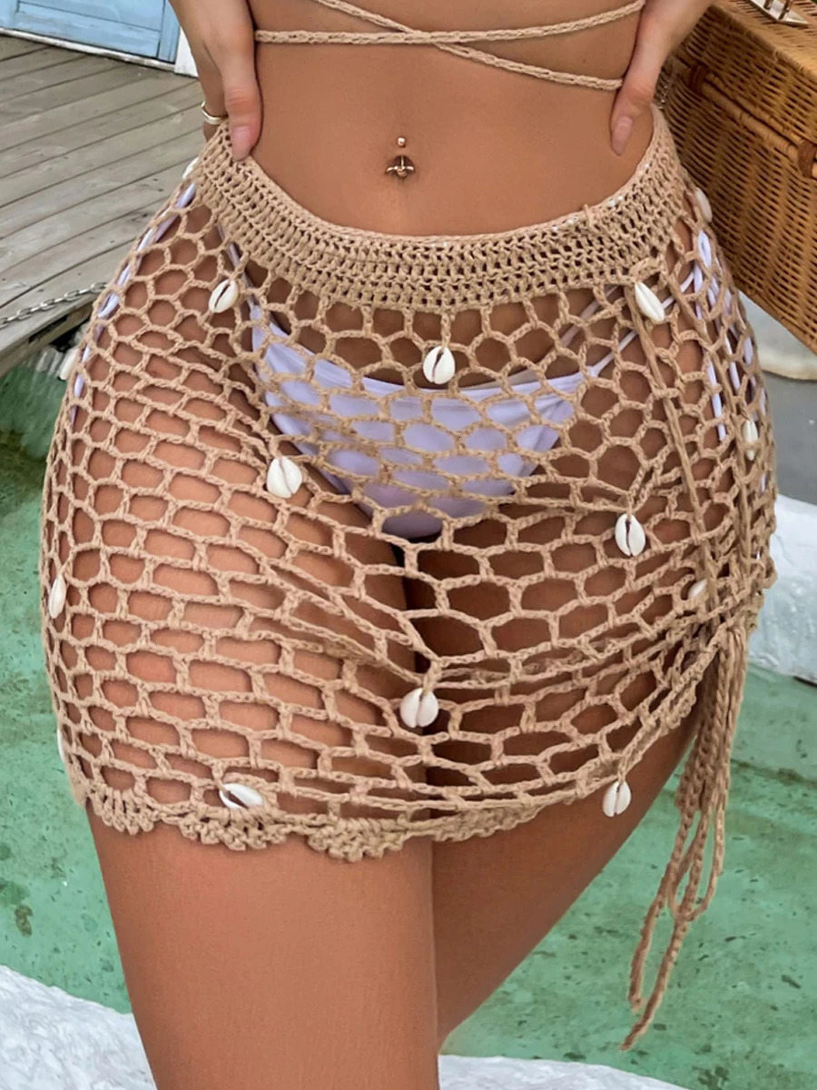 Sexy Style Handmade Crochet Hollow Out Skirt With Seashells Women Beach Outing Vacation Fashion Drawstring Bikini CoverUps 260306