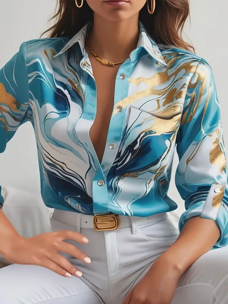 Women Print VNeck Button Long Sleeve Shirt Loose Casual Holiday Tops Blouse 260228