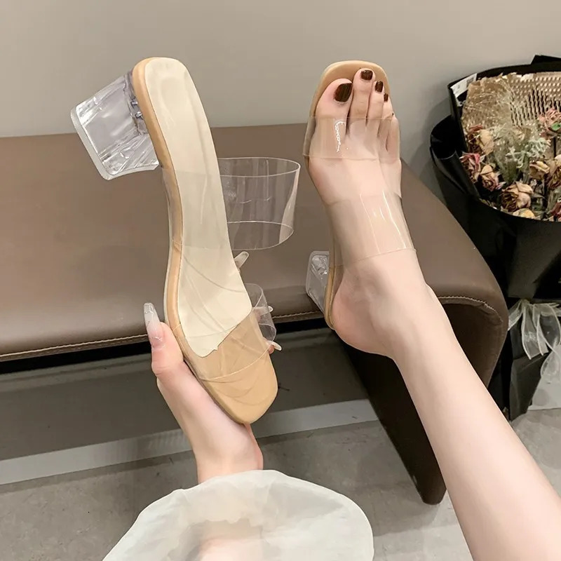 Summer Women Pumps Sandals PVC Jelly Slippers High Heels Women Open Toe Transparent Perspex Slippers Shoes Heel Sandals 260306
