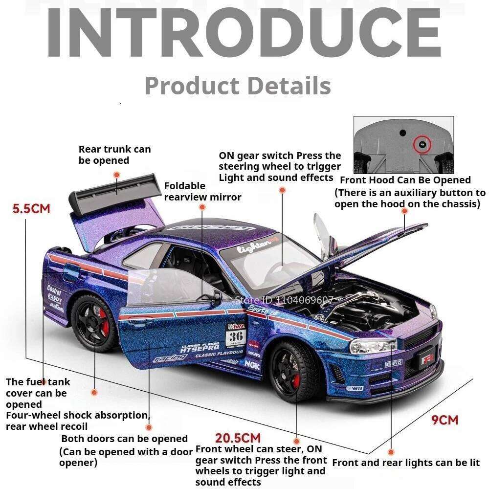 1:24 Scale GTR R34 SKYLINE Car Toys Diecast Alloy Model Front Wheel Steering with Sound Light Pull Back Vehcie Fashion Ornaments Z260307