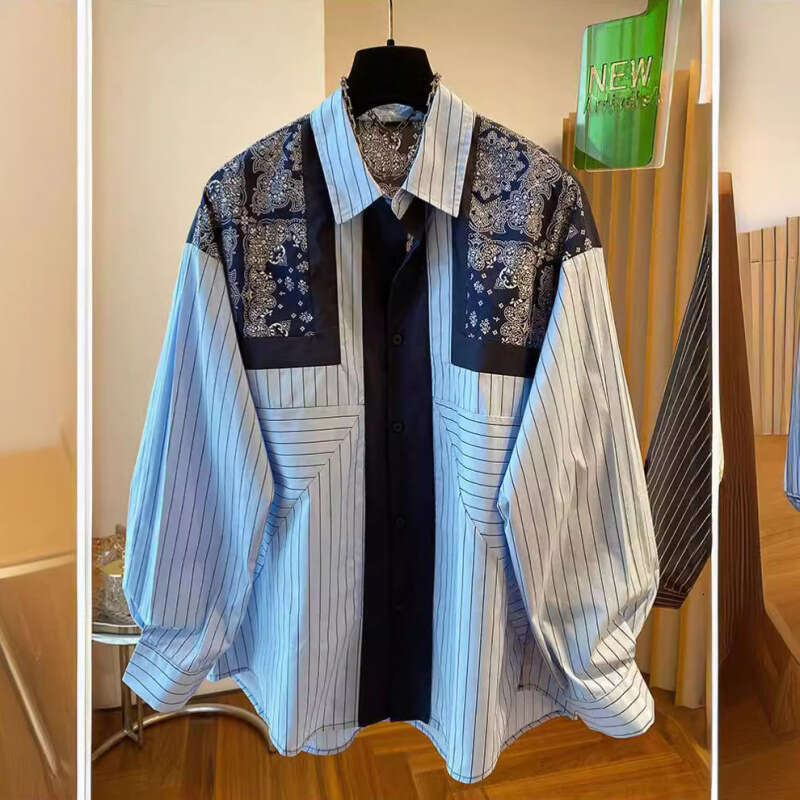 Mardi Hefxessdr Loose Fit Long Sleeve Blue Striped Printed Casual Shirt Women's Spring Autumn Fashion Soft Satin Fabric Collar