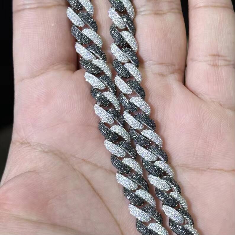 Moissanite Black And White Diamond Iced Out Cuban Link Chain Necklace Hip Hop Trendy Fashion 925 Silver Rapper Party For Mens