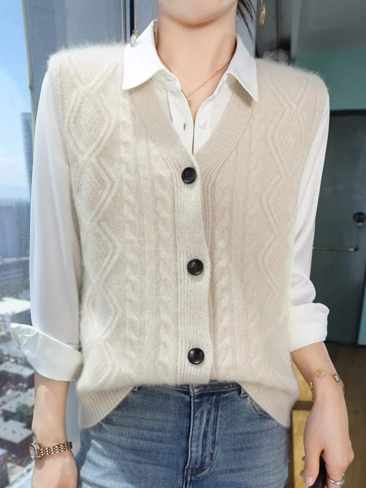 ANGEL Women Vneck Cashmere Vest Sleeveless Cardigan 100 Merino Wool Sweater Autumn Winter Thick Twist Flower Casual Waistcoat 260306