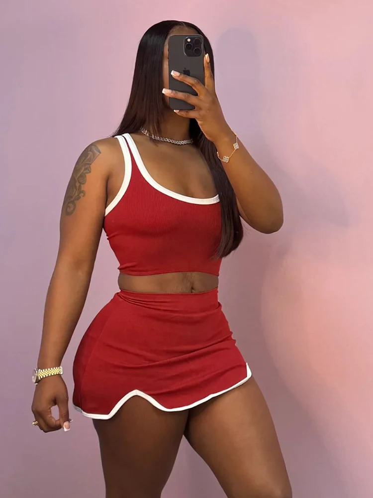 Sisterlinda Panelled Trim Matching 2 Piece Set Fashion Concise Uneck Backless Slim Crop TanksIrregular Mini Skirts Daily Suits 260306
