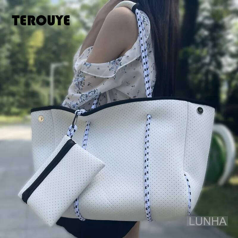 Women's Neoprene Tote Large Capacity Beach Sports Fitness Zipper Bag Summer Travel Handbag Shoulder Bags Waterproof TEROUYE