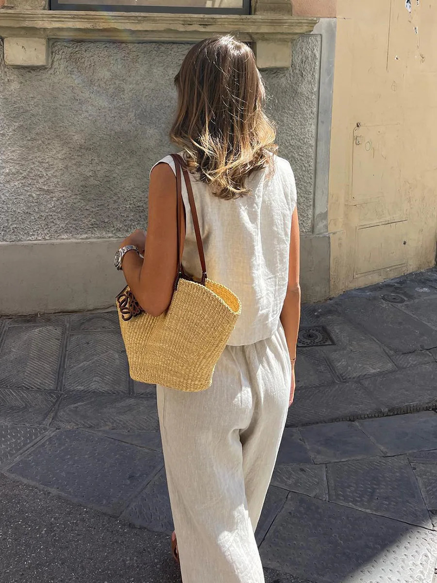 Bornladies Cotton Linen Vest Pants Set Womens Summer Office Lady Chic Short Vest Casual 2-Piece Set Female Long Pants Suits 260304