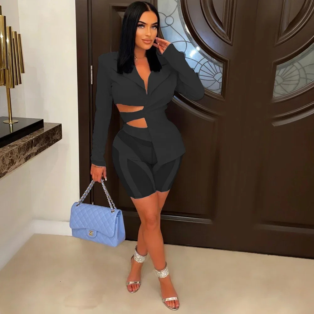 ANJAMANOR Two Piece Club Outfits Women Sexy Asymmetric Blazer and Mesh Shorts Leggings Matching Sets Fall D58ED25 260306