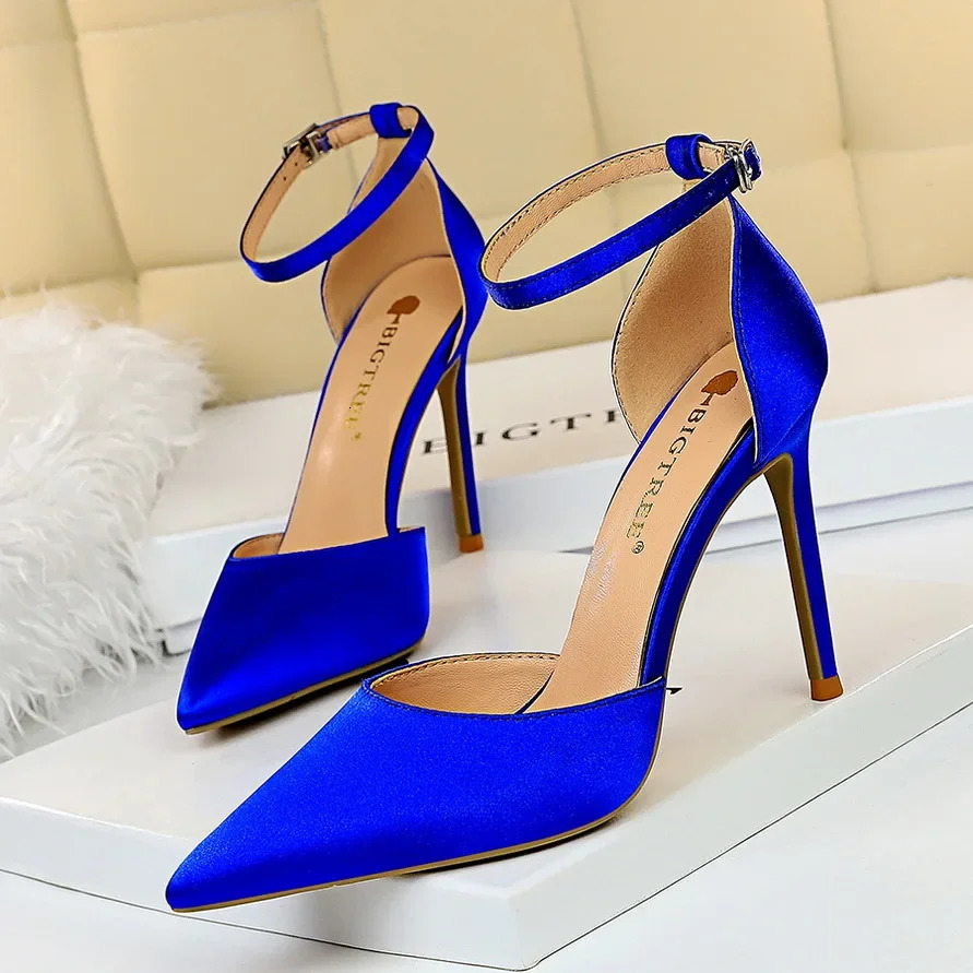 Summer Women 10cm High Heels Sandals Lady Wedding Bridal Scarpins Silk Heels Fetish Pumps Blue Green Pink Strappy Fashion Shoes 260306