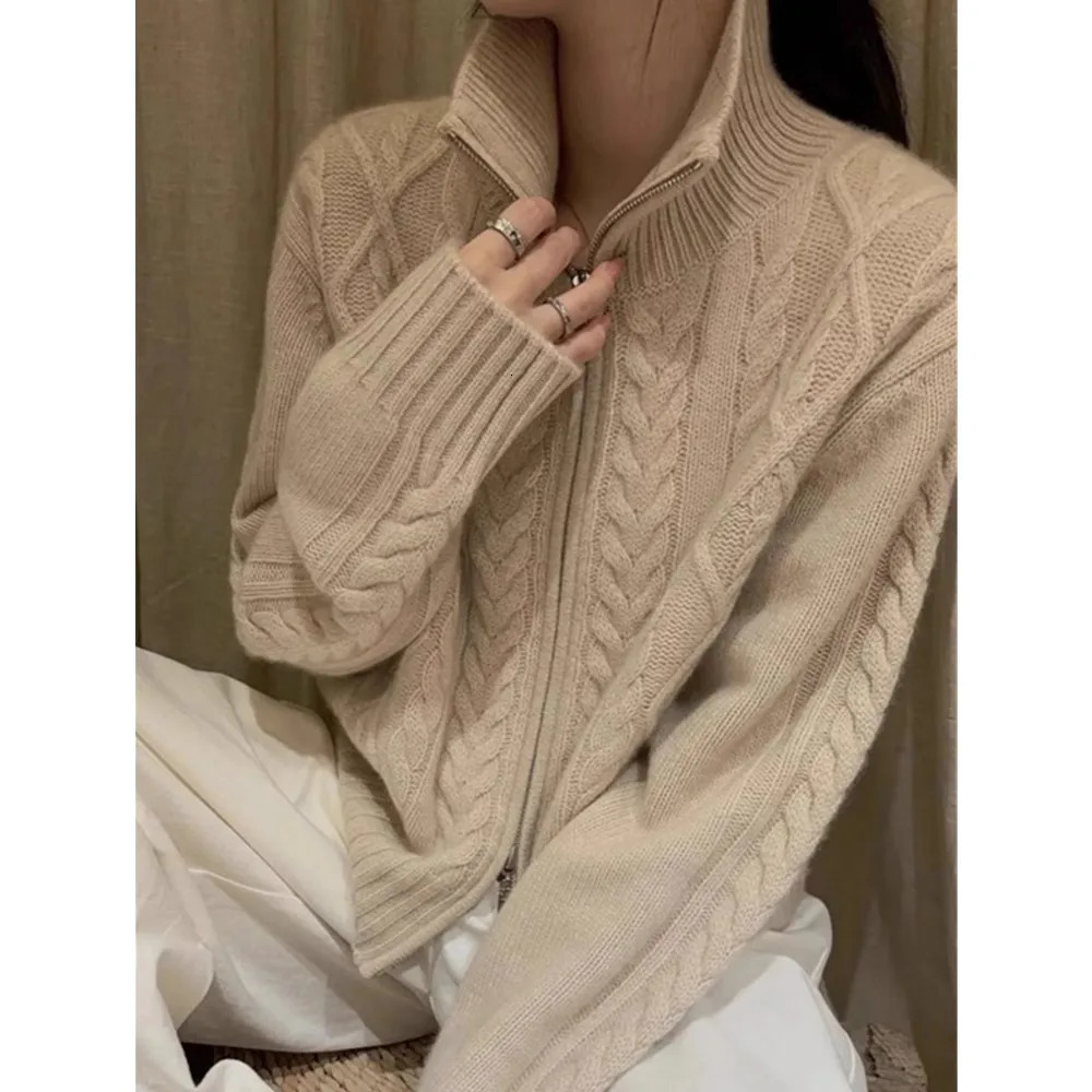 100shmere cardigan for women high neck loose and soft sweater for autumn and winter wool knitted sweater thickened coat 260305