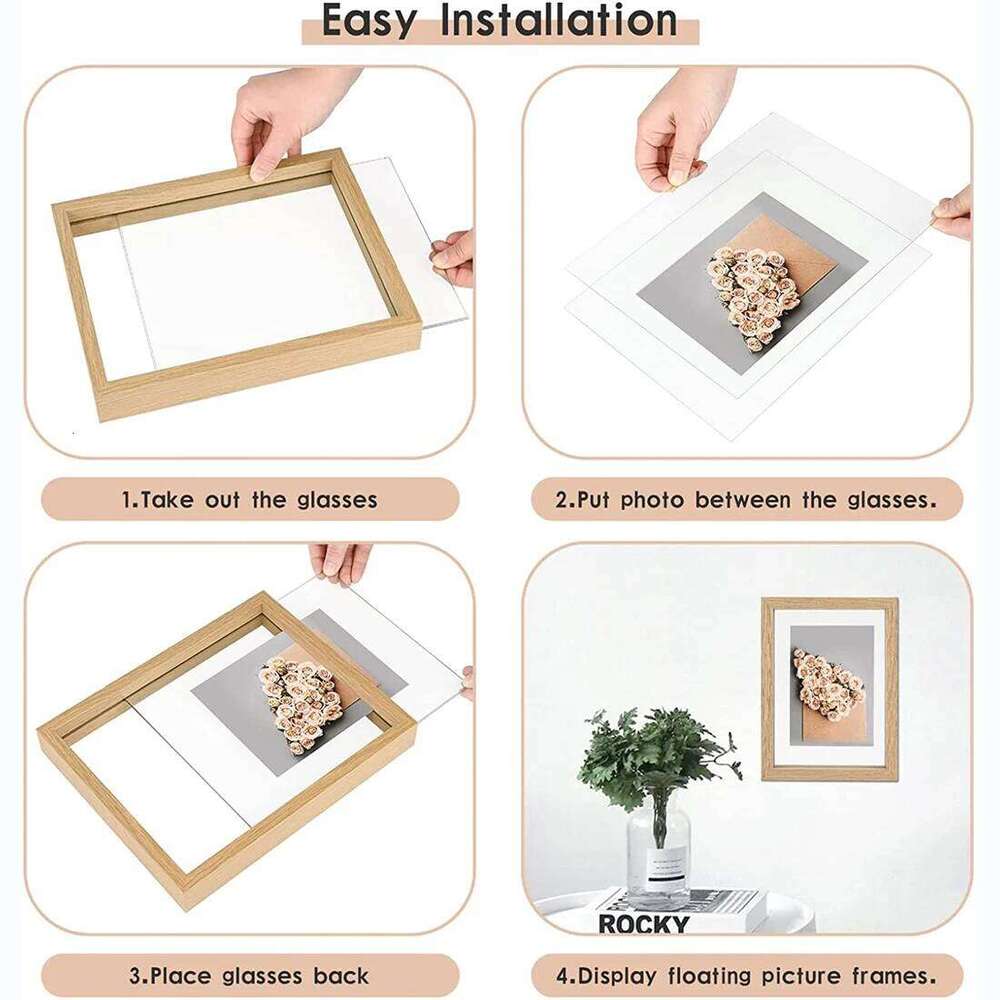 Wooden Picture Photo Table Display Side Pressed Flower Frames Plant Specimen Herbarium Clip Double Glass Frame H260306